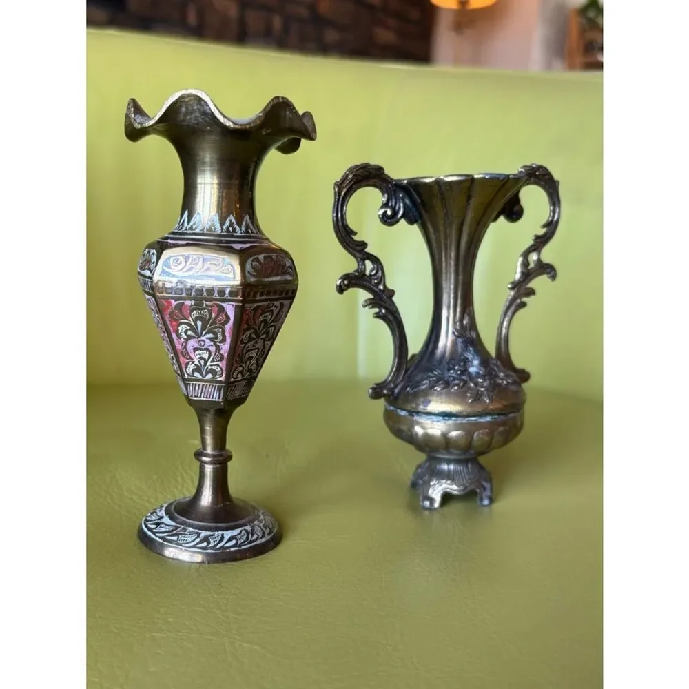 Vintage Brass Mini Vase Set Italy & India Ornate Floral Etched Bud Vases